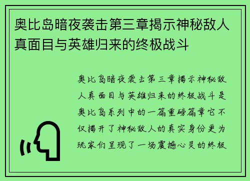奥比岛暗夜袭击第三章揭示神秘敌人真面目与英雄归来的终极战斗